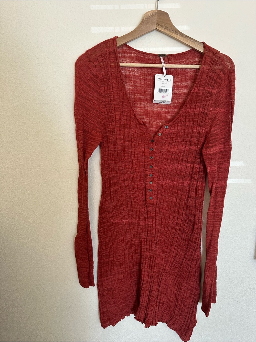 Free People Red/orange  Knit Long Sleeve Button Front tunic